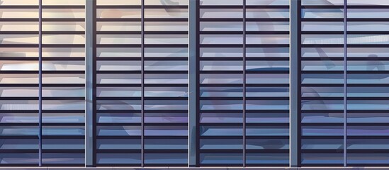 A closeup of a grey rectangular window with shutters on a commercial buildings facade. The tower blocks roof, symmetry, glass, and pattern add tints and shades