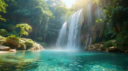 Fototapeta na wymiar A majestic waterfall cascading into a crystal-clear blue pool surrounded by lush greenery.