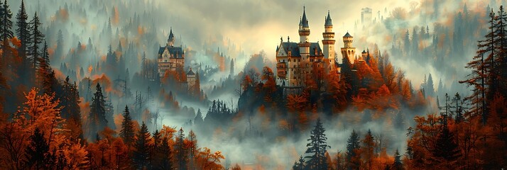 A medieval castle perched atop a hill, surrounded by a misty forest in autumn colors - obrazy, fototapety, plakaty