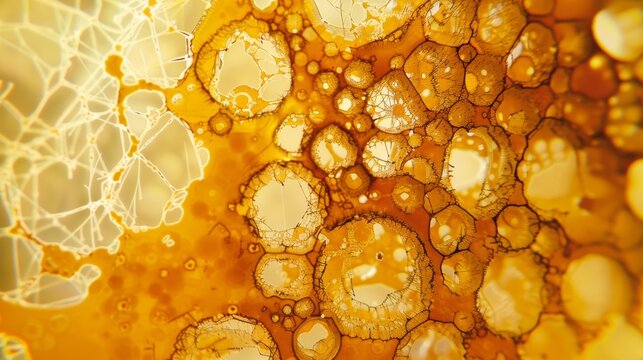 A closeup shot of a microscope slide showing the intricate structure of lignin at a microscopic level. The depth and complexity of the polymer is highlighted emphasizing the challenges .