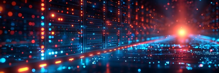 A network of futuristic computer servers emitting a soft blue light in a dark data center. - obrazy, fototapety, plakaty