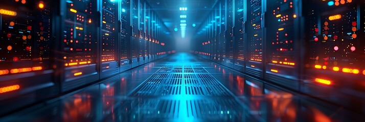A network of futuristic computer servers emitting a soft blue light in a dark data center.