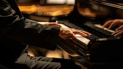A pianist's hands dance over a grand piano's keys, casting an ethereal glow against the obsidian void.