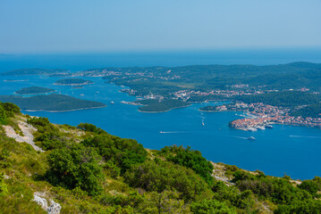 Fototapeta premium Korcula island viewed from Sveti Ilija mountain at Peljesac peninsula in Croatia