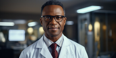 Confident doctor in white coat at modern clinic.