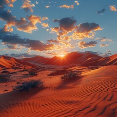 A panoramic view of a desert at sunrise, with sand dunes casting long shadows. 