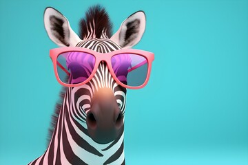 Close-up of the head of a funny  zebra   in sunglasses on a blue  background, generated by AI