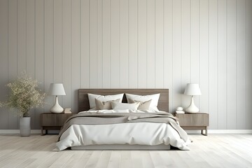 Fototapeta na wymiar White pillows on a wooden bed in a minimal bedroom interior with plants, generated by AI