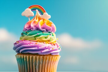 Vibrant Rainbow Swirl Cupcake with Cloud and Rainbow Toppers