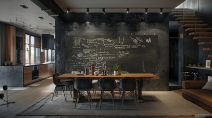 The oversized chalkboard wall in the dining room adds a unique and unexpected touch to the space. The rough texture of the finish adds depth and interest to the room while the dark .