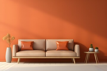 Orangeb  monochrome interior with soft sofa and coffee table, generated by AI.