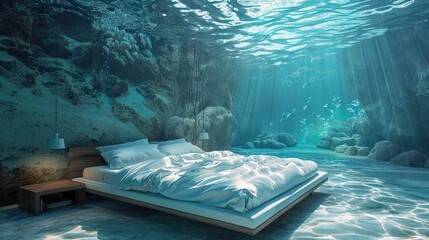 Dreaming in a floating bed in a room with walls like the ocean - obrazy, fototapety, plakaty