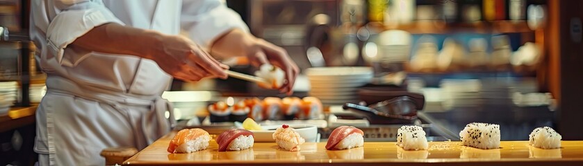 Serene sushi bar scene with a chef presenting a piece of sushi to a guest against the backdrop of a polished wooden counter - obrazy, fototapety, plakaty