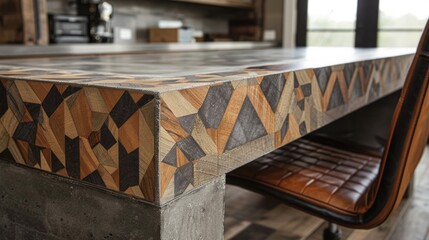 A home office showcases a custom concrete desk with a geometric patterned inlay made of wood. The fusion of these two materials creates a stunning and functional workspace that is .