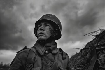 Poignant wartime portrait, sacrifice and bravery in a soldier's emotional photograph from the second great war, a powerful depiction of human toll and resilience amidst fight for liberty