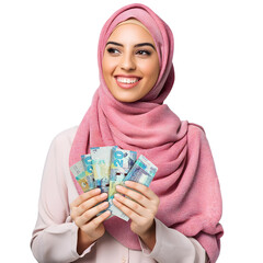 Beautiful Young middle east  woman holding and showing 20 Kuwaiti dinar notes to camera over transparent background, Kuwait lady happy counting smiling hand money cash pound currency Hijab Arab - obrazy, fototapety, plakaty