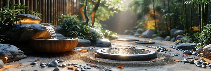 A peaceful Japanese zen garden with raked sand, rocks, and a small bamboo fountain. 