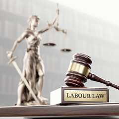 Labor Law: Judge's Gavel as a symbol of legal system, Themis is the goddess of justice and wooden stand with text word - 779320351