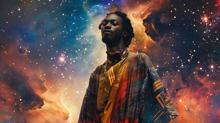 A confident black man stands with his head held high adorned in flowing fabrics that seem to radiate from within mirroring the power and pull of dark matter in the vast expanse of .