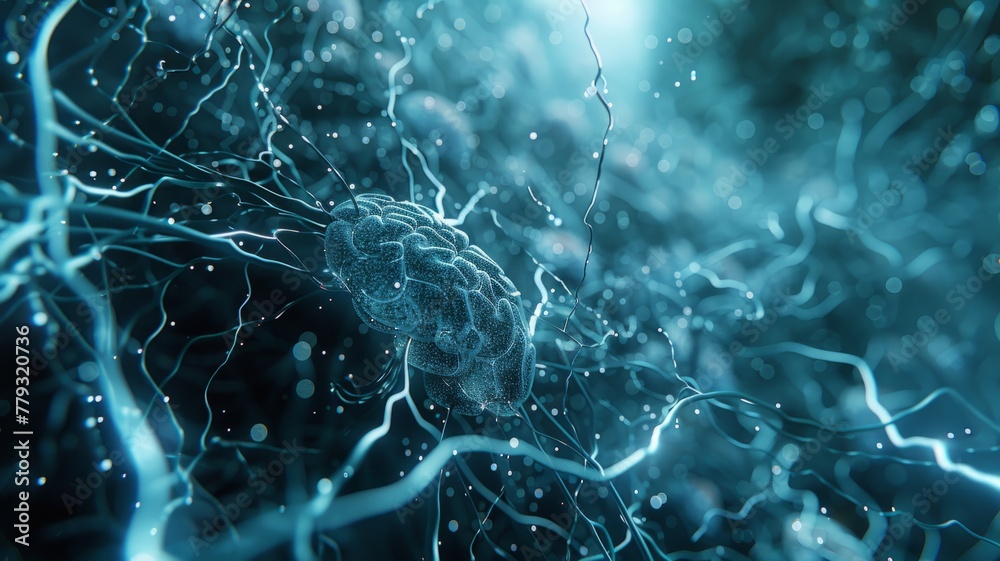 Poster neural network and brain visualization - an intricately detailed visualization of a brain and its ne