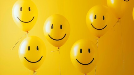Naklejka premium Cheerful yellow balloons with smiley faces - Bright and cheerful, these yellow balloons with smiley faces symbolize happiness, joy, and fun against a warm yellow background