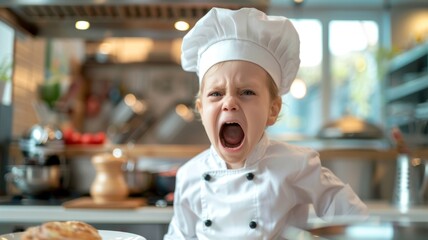 Child in chef hat with open mouth - Child in chef uniform expressing surprise or excitement, with an open mouth
