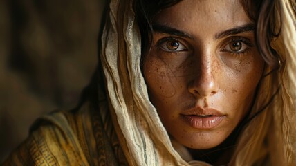 Portrait of a woman with freckled face - Intense close-up of a woman's freckled face with a shawl highlights her piercing gaze