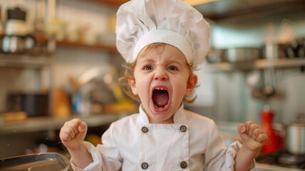 Expressive child chef in kitchen - Laughing child in chef hat and uniform in modern kitchen setting