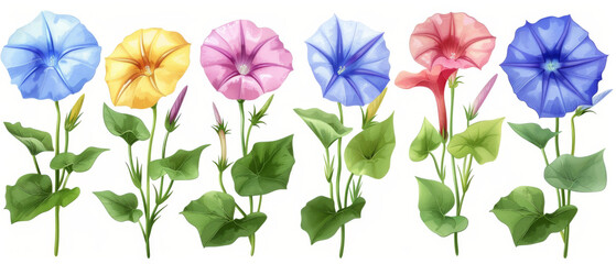 Artistic illustration of assorted Morning Glory flowers with vibrant hues and lush green leaves, representing diverse beauty.