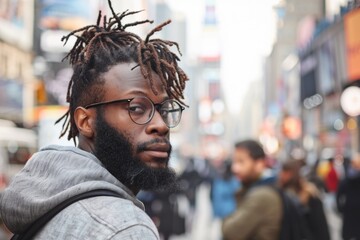 Fototapeta premium Man looking back over shoulder in city - Man with dreadlocks and clear glasses looking back on a busy urban street