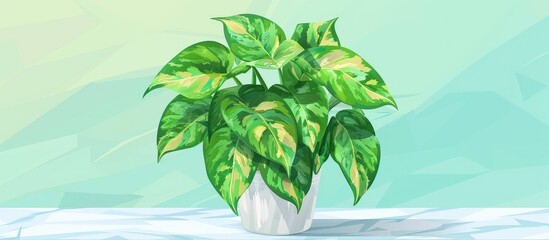 A terrestrial plant with green and yellow leaves is displayed in a pot on a table. Remember to water the plant regularly to keep it healthy