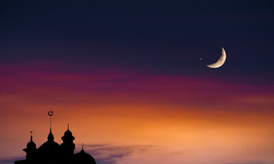 Night sky with crescent moon and stars of Ramadan sky. Mosque dome, Islamic landmark.mosque dome of light of hope arabic islamic architecture Concept Religion islam	