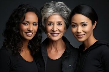 Happy diverse women pose together on black background - Powered by Adobe