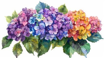 Artistic watercolor painting of lush hydrangea flowers in a spectrum of colors, beautifully representing spring and flora.