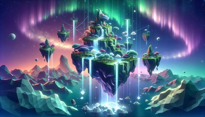 A surreal landscape featuring a series of floating islands, each with its own unique ecosystem, connected by cascading waterfalls of light, set against a backdrop of an aurora-filled sky