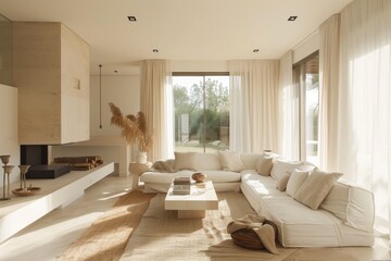 Living room in natural tones with elegant decor and soft furnishings.
