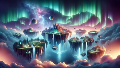 A surreal landscape featuring a series of floating islands, each with its own unique ecosystem, connected by cascading waterfalls of light, set against a backdrop of an aurora-filled sky - obrazy, fototapety, plakaty