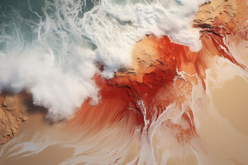 Oil Painting of Aerial View Above White and Red Ripple Ocean Wave Crashing On The Red Sand
