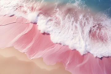 Oil Painting of Aerial View White and Pink Ripple Ocean Wave Crashing On The Pink Sand - obrazy, fototapety, plakaty
