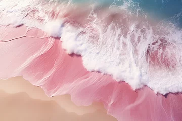Schilderijen op glas Oil Painting of Aerial View White and Pink Ripple Ocean Wave Crashing On The Pink Sand © Image Lounge