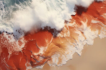 Oil Painting of Aerial View Above White and Red Ripple Ocean Wave Crashing On The Red Sand - Powered by Adobe