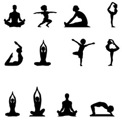 yoga silhouettes set, set of yoga poses , set of yoga icons , yoga silhouettes  , female fitness	
