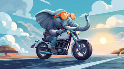 A whimsical illustration of an elephant wearing sunglasses and riding a motorcycle on an open road at sunset. - obrazy, fototapety, plakaty
