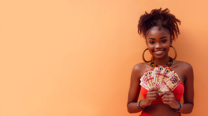 Beautiful Young African woman holding and showing 200 Ghanaian cedi notes to the camera over orange background, Ghana lady happy counting similing hand money cash cedis currency copy space