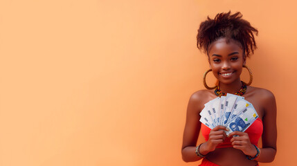 Beautiful Young African woman holding and showing 1000 Nigerian Naira notes to the camera over orange background, Nigerian lady happy counting similing hand money cash cedis currency opy space