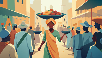 In a crowded market a vendor expertly balances a basket of produce on her head as she weaves through the throng of people. The photographer