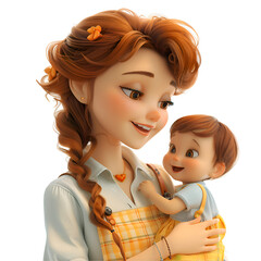 A heartwarming 3D cartoon depiction of a mother holding her baby and singing with a smile.