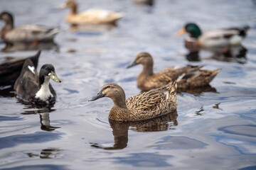 ducks on the water on a pond. grazing on grass in a park in canada, in summertime