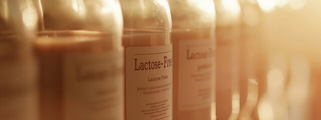 A line of lactose-free milk bottles on a shelf with a warm backlit ambiance, indicating a healthy alternative for lactose intolerance.