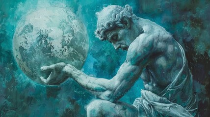 Fototapeta na wymiar Statue pondering over a globe in blue tones - A contemplative statue interacts tenderly with a globe against a backdrop of blue hues, evoking thoughtfulness and global awareness